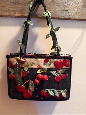 Mary Frances Black & Red Cherry Appliqué Shoulder Bag